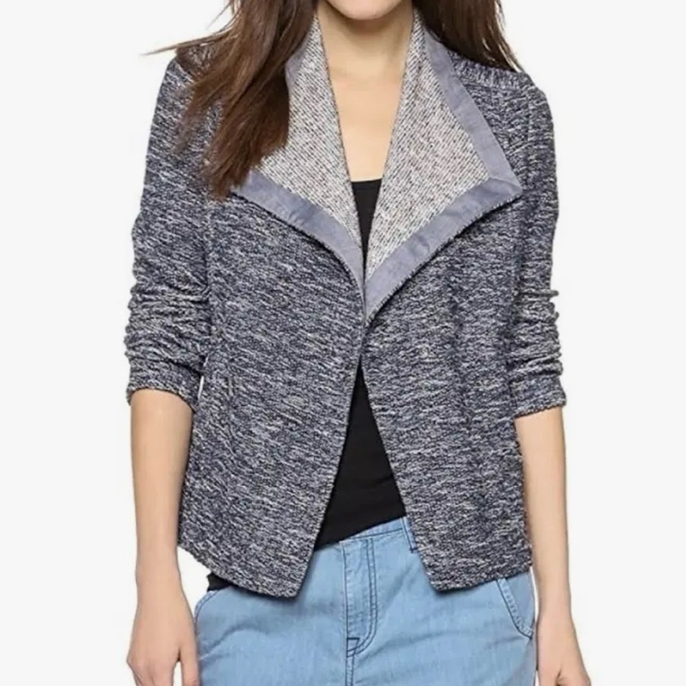 VINCE Drape Women’s Blue Drape Neck Tweed Jacket Open Front Long Sleeve Size M